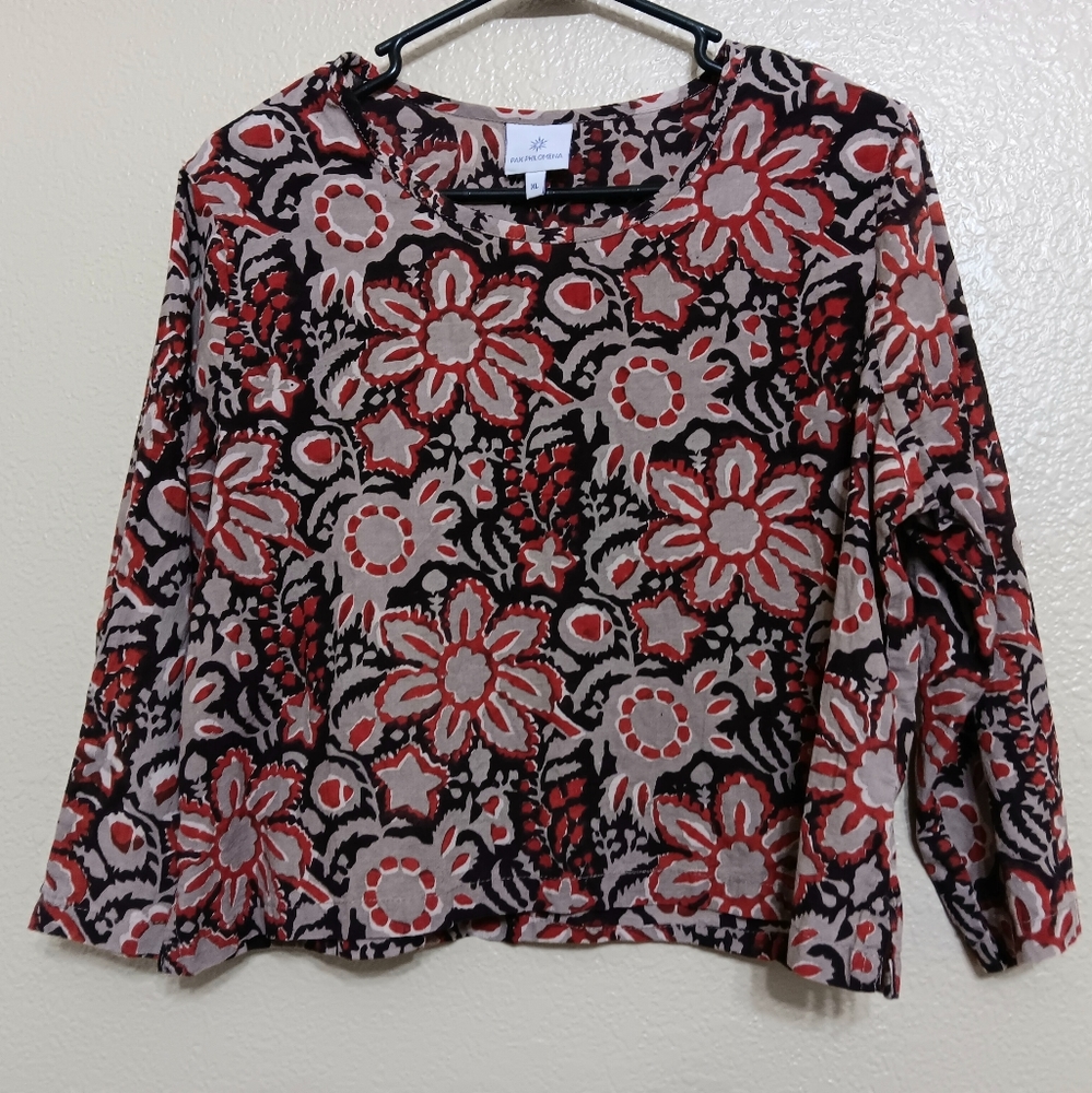 Pax Philomena Red Gray Black Floral Woven Cotton Crop Top